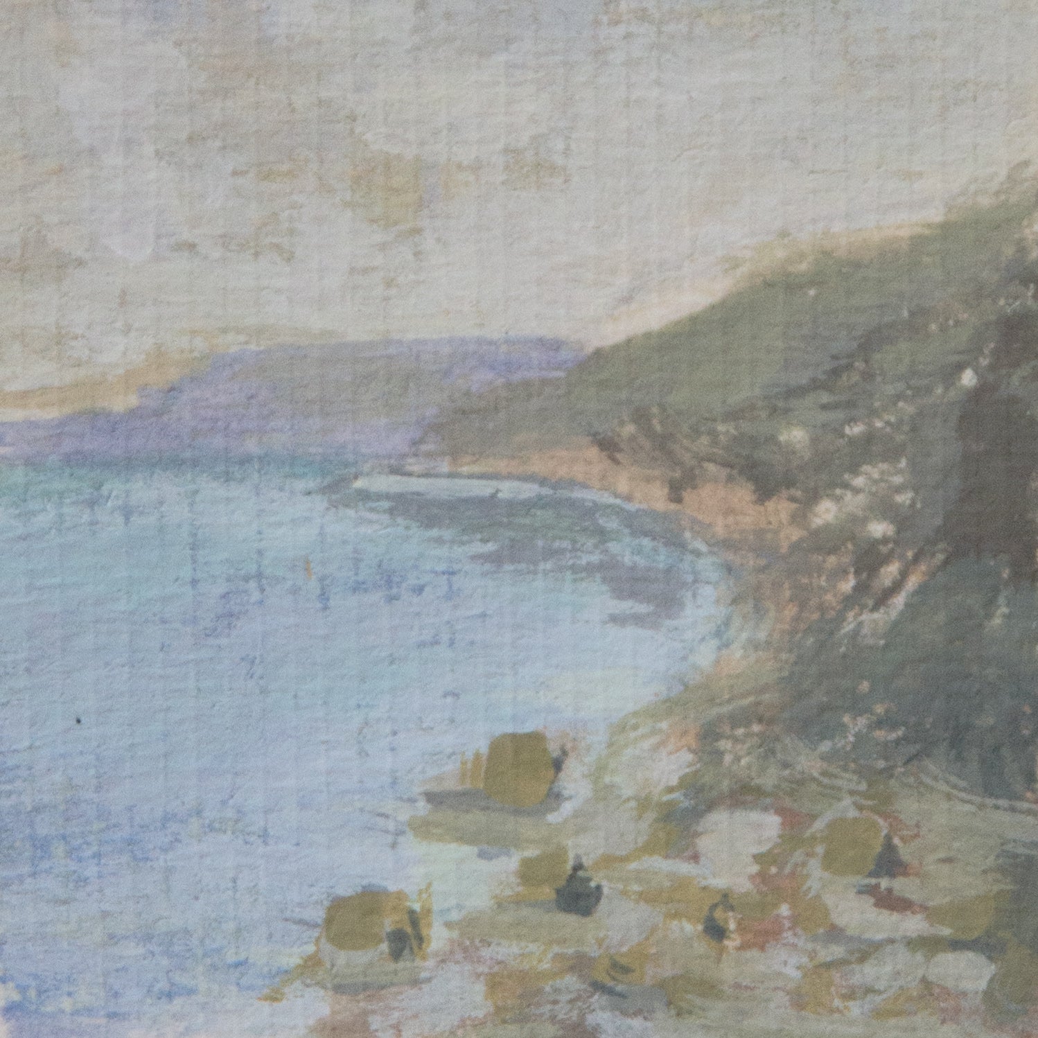 Close-up detail of plein air brushstrokes and rocky oceanscape textures in Pelican Bay Trail Channel Islands National Park art