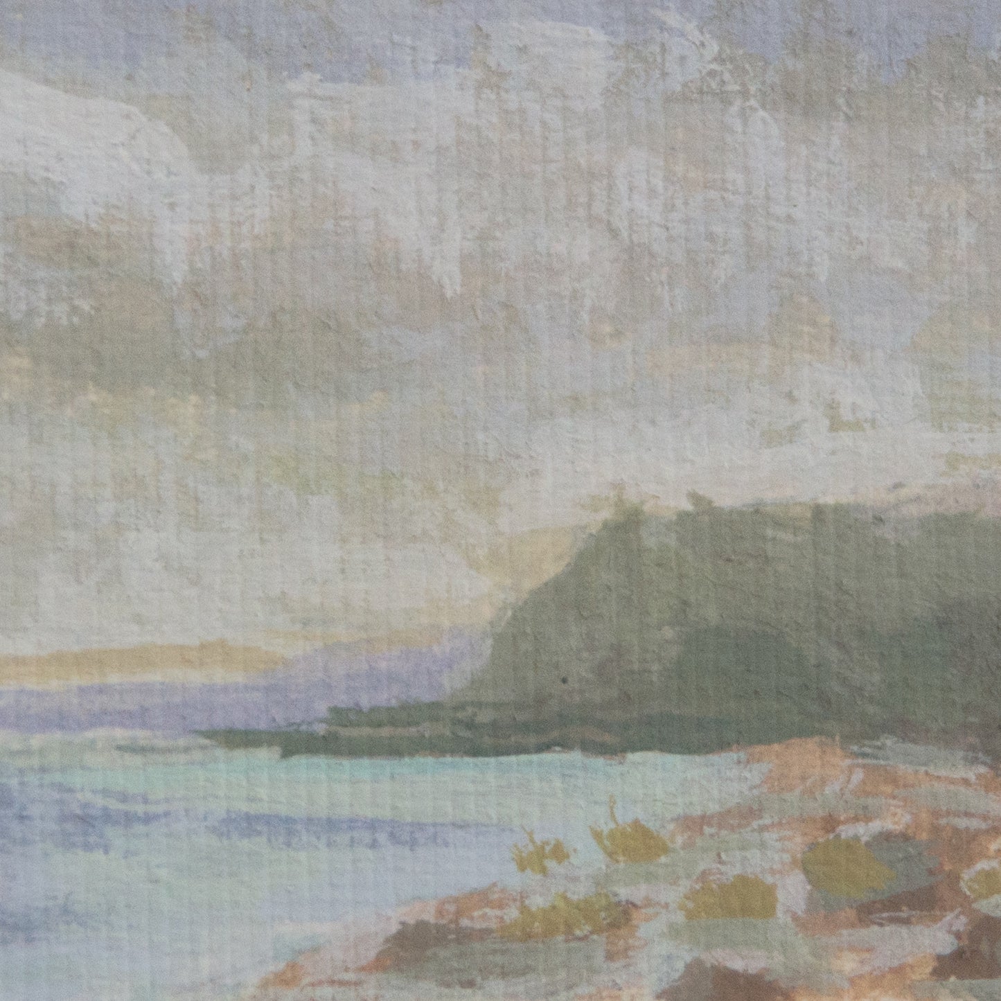 Close-up detail of plein air Santa Cruz Island brushstrokes and green and purple textures in Channel Islands National Park art