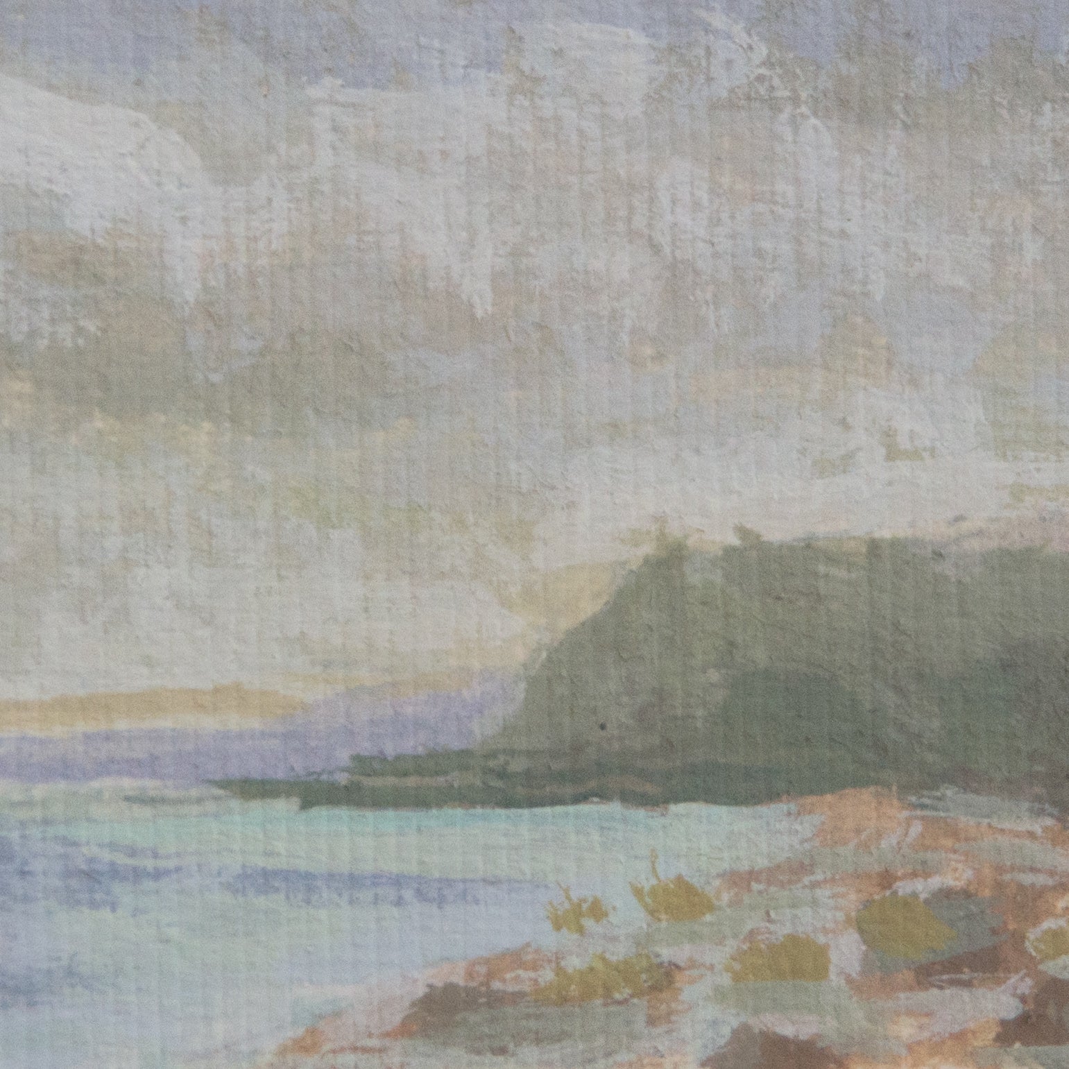 Close-up detail of plein air Santa Cruz Island brushstrokes and green and purple textures in Channel Islands National Park art