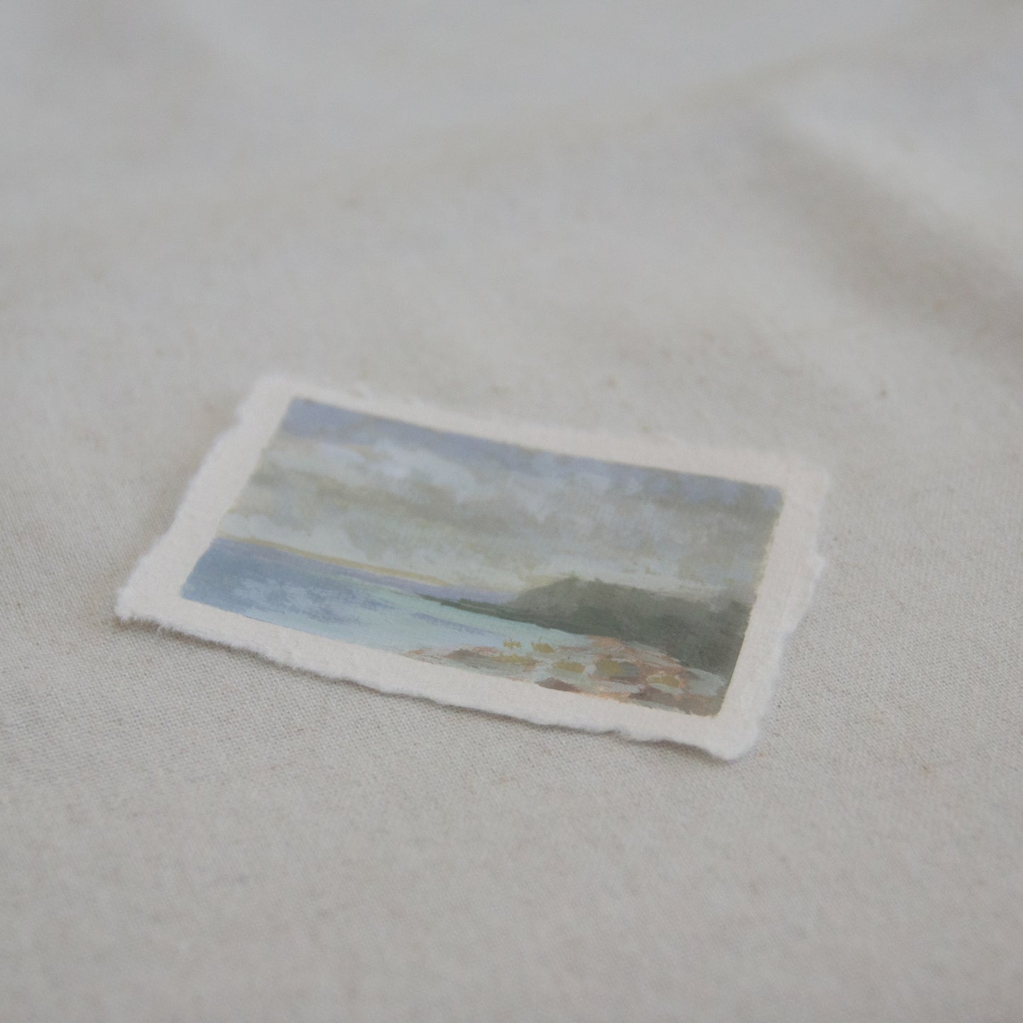 Side profile of an overlook in Channel Islands National Park Pelican Bay trail mini painting on deckled edge 100% cotton rag paper