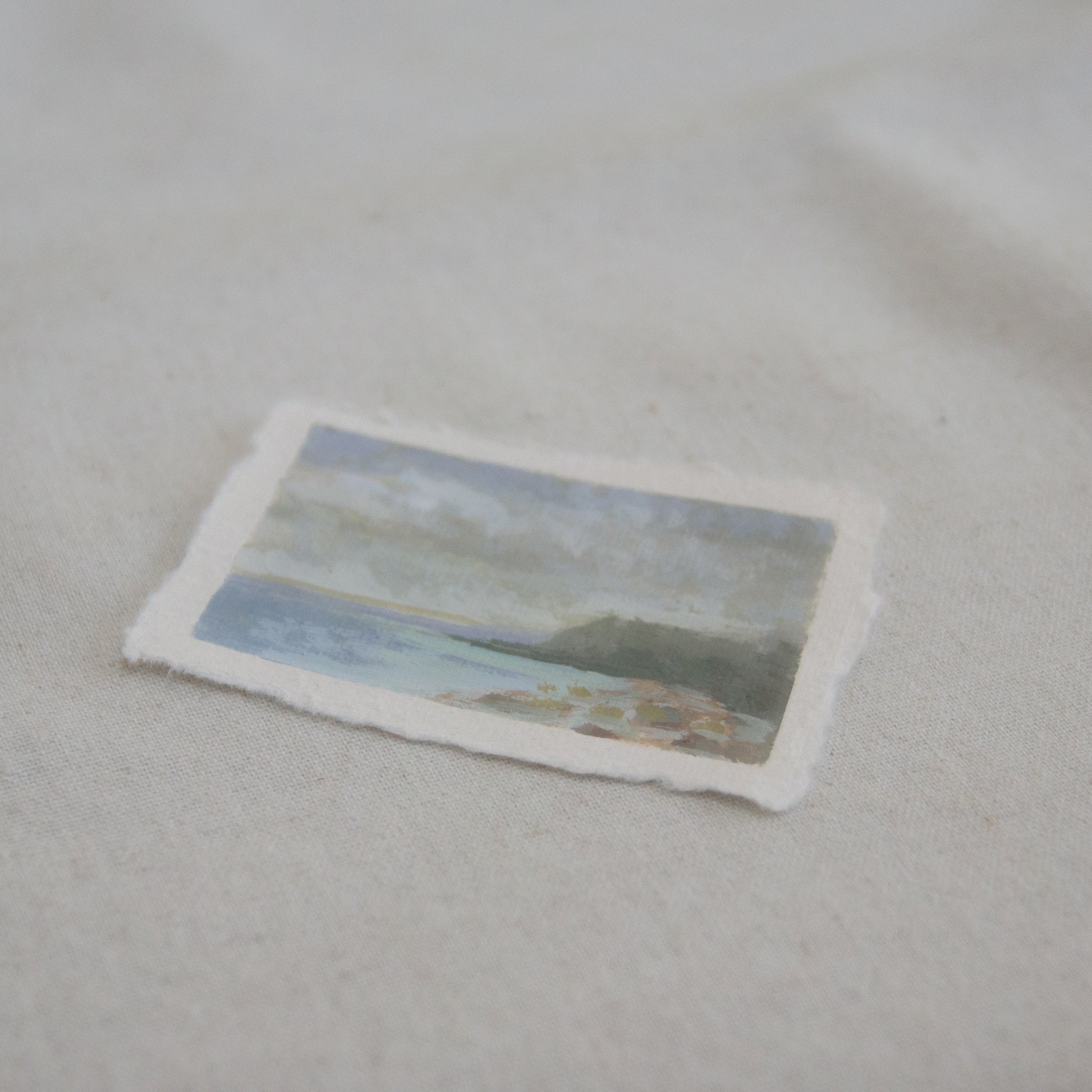 Side profile of an overlook in Channel Islands National Park Pelican Bay trail mini painting on deckled edge 100% cotton rag paper