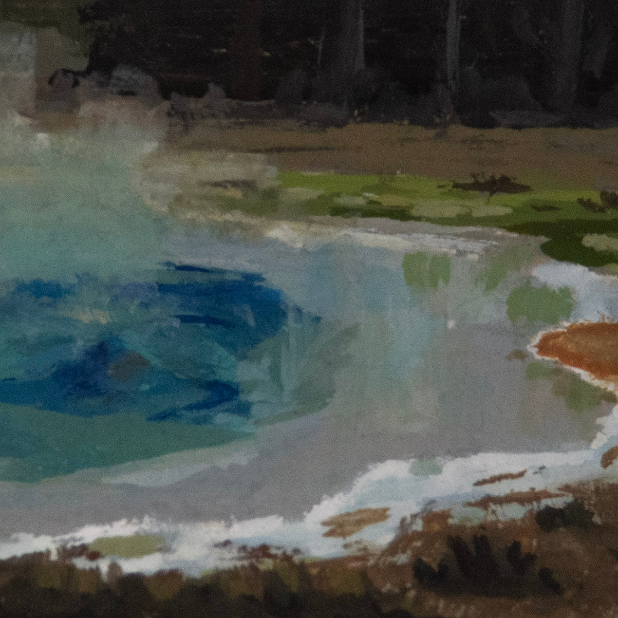 Close-up detail of plein air brushstrokes and geothermal textures in Sapphire Pool in Yellowstone National Park