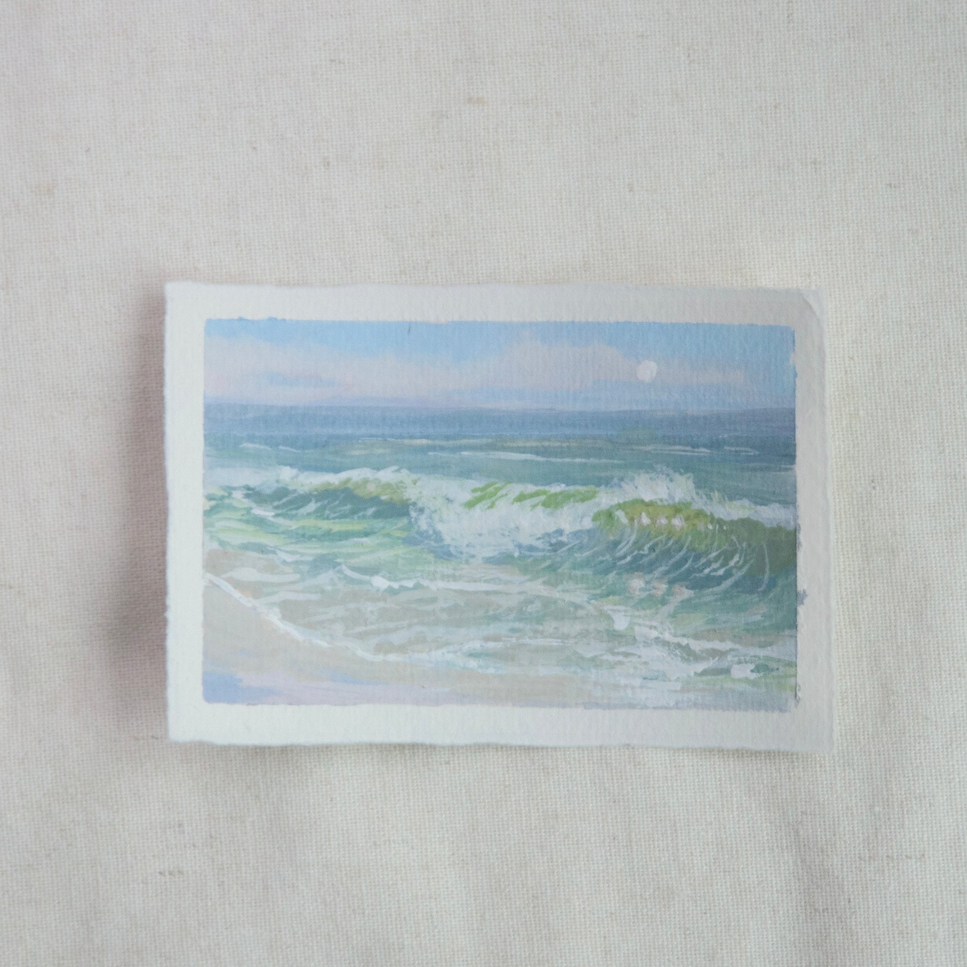 seafoam and large wave miniature gouache painting from gulf coast in gulf islands national seashore by Laura Van Moorleghem