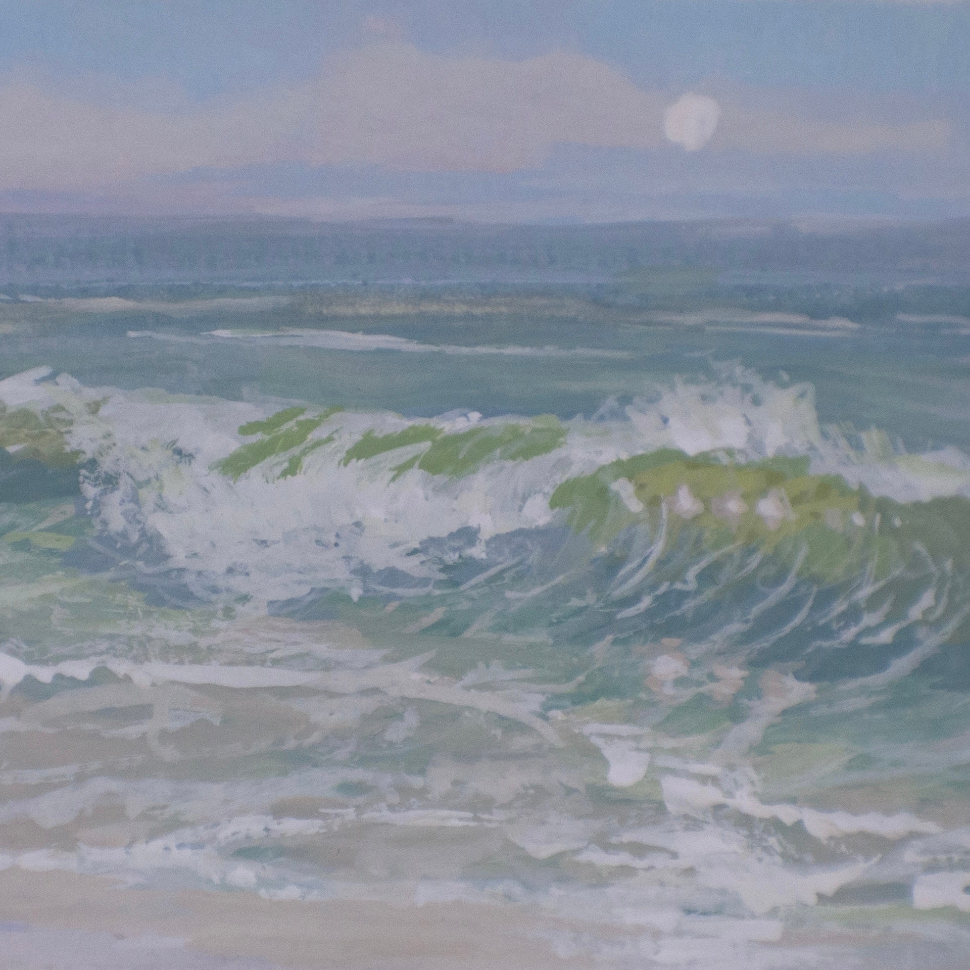 Close-up detail of plein air brushstrokes and seafoam textures in gulf islands national seashore art