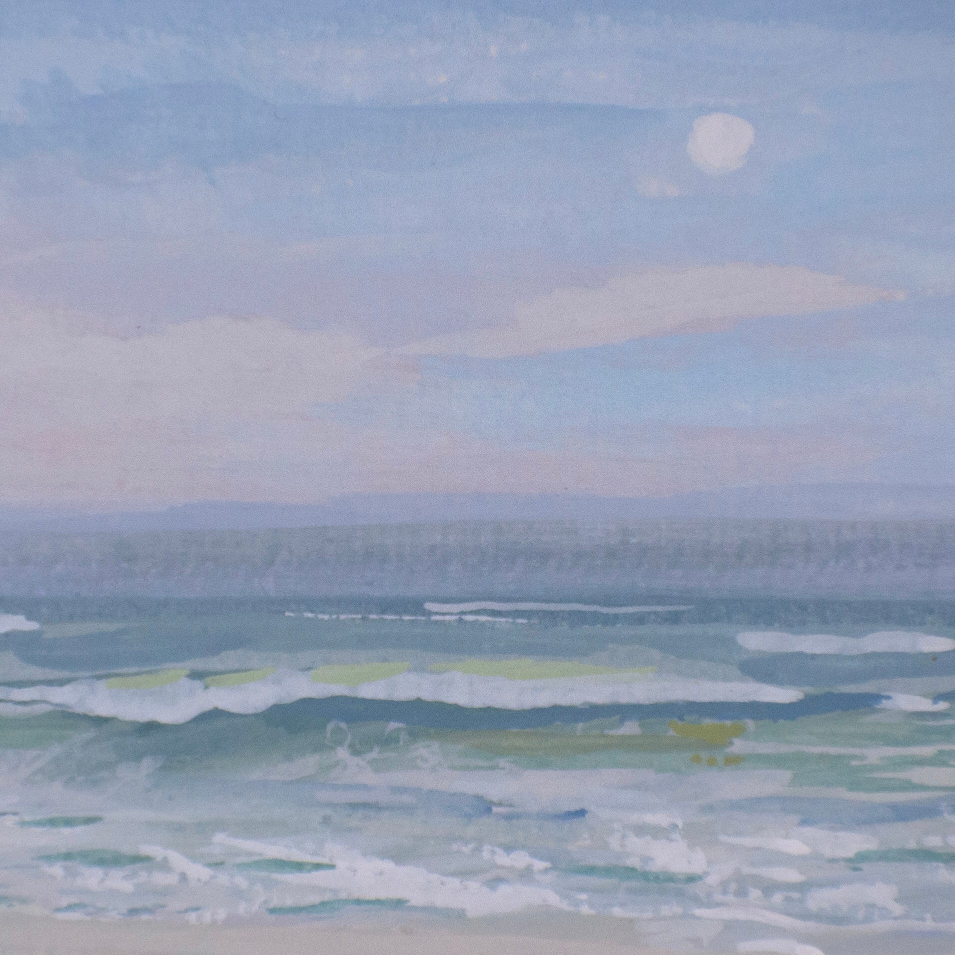 Close-up detail of plein air brushstrokes and wave, sky, and sun textures in gulf islands national seashore art