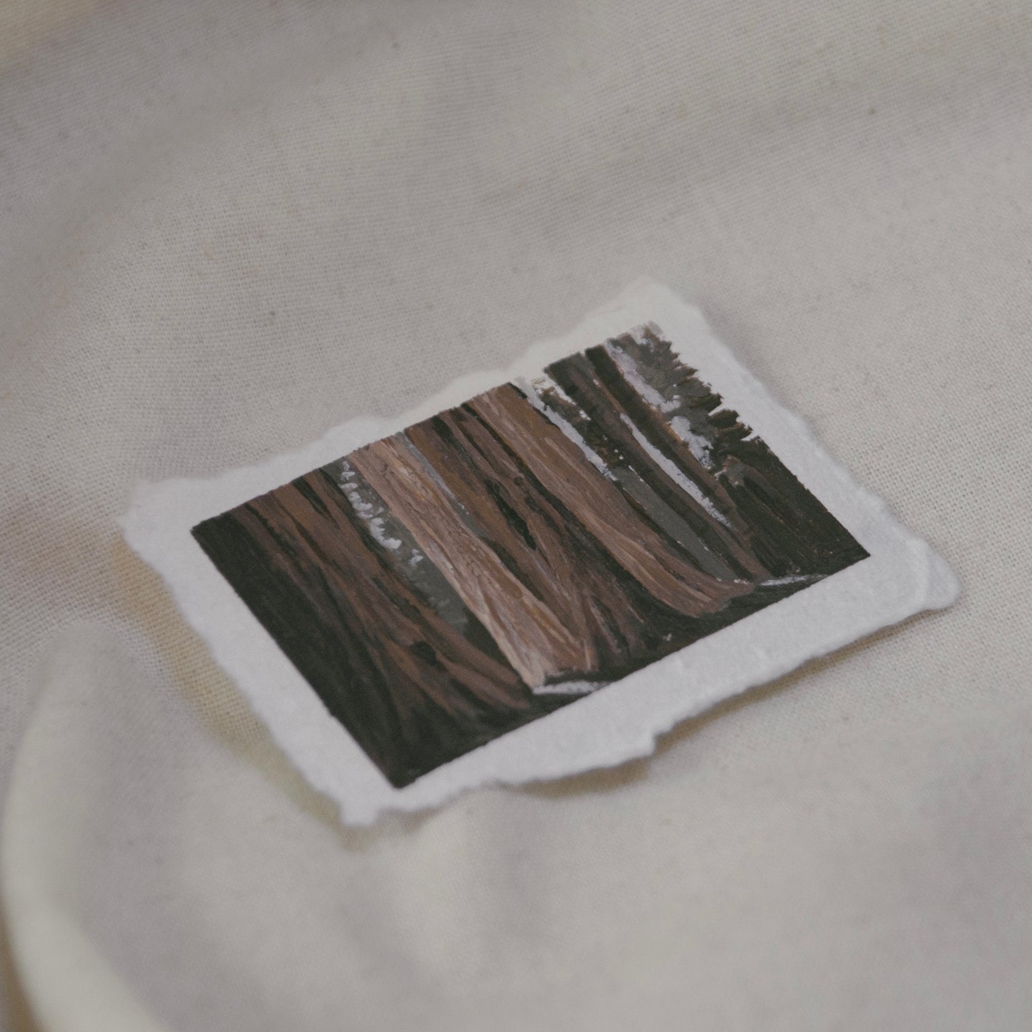 Side profile of Sequoia grove painting on deckled edge 100% cotton rag paper