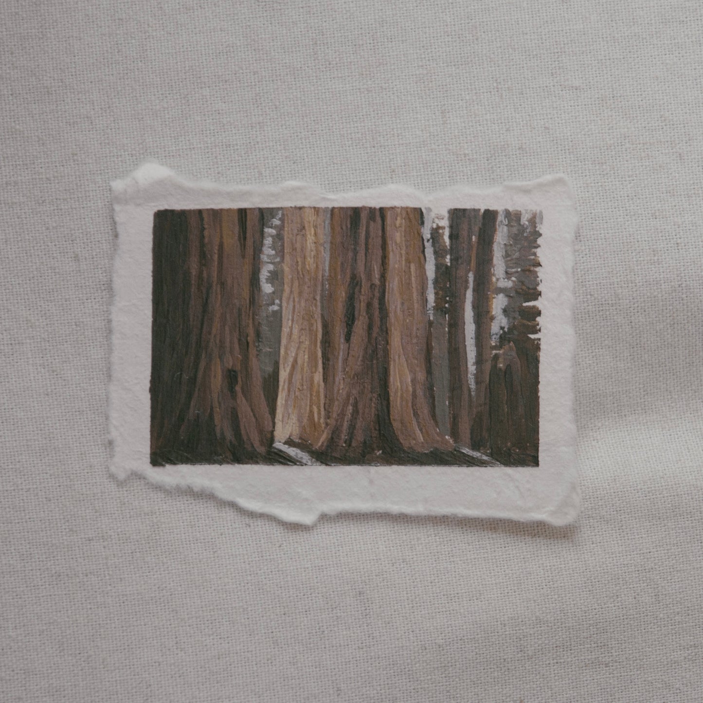 miniature acrylic painting of Sequoia tree grove from Sequoia National Park by Laura Van Moorleghem