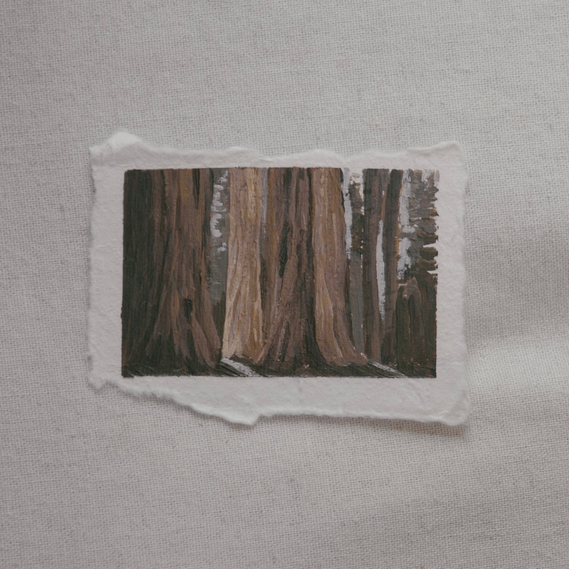 miniature acrylic painting of Sequoia tree grove from Sequoia National Park by Laura Van Moorleghem