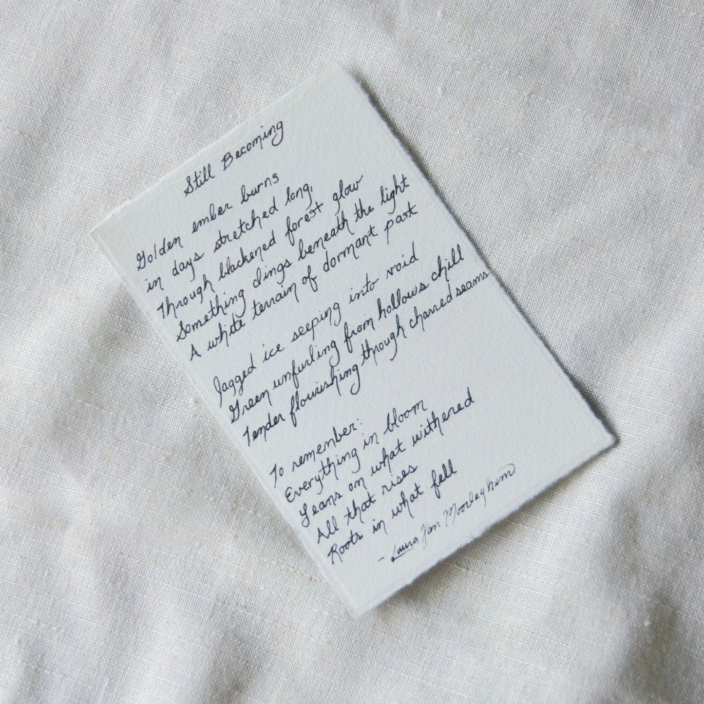 Lassen Volcanic National Park poem 'Still becoming' part of 'The Journey' collection on 100% cotton deckled edge 300gsm paper by Laura Van Moorleghem