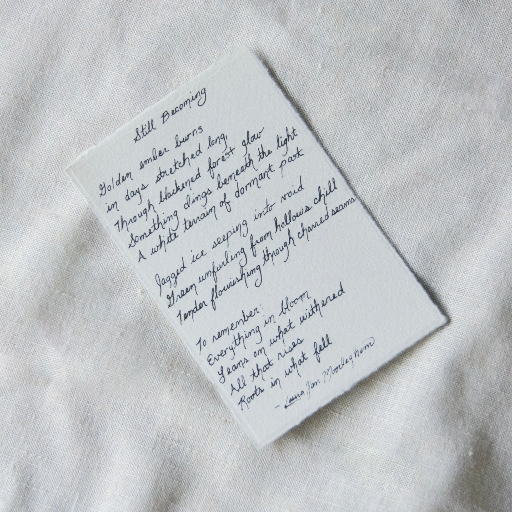 Lassen Volcanic National Park poem 'Still becoming' part of 'The Journey' collection on 100% cotton deckled edge 300gsm paper by Laura Van Moorleghem