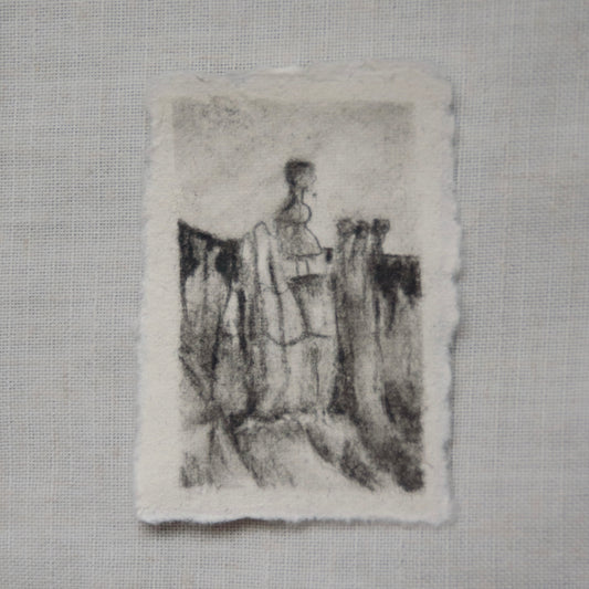 A charcoal sketch of a natural formation resembling a hammer, titled 'Thor’s Hammer' from Bryce Canyon National Park, on deckled edge paper by artist Laura Van Moorleghem. Bryce Canyon National Park art. Donations to NPCA