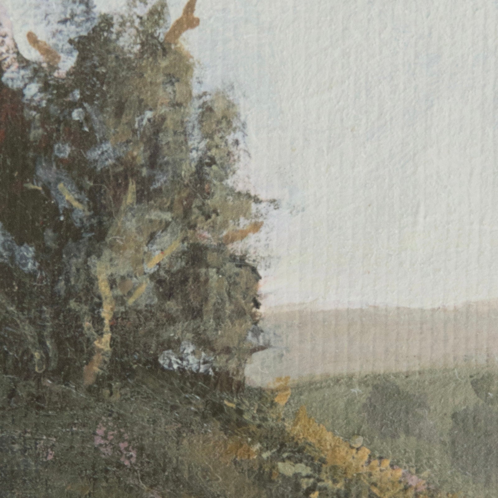Close-up detail of plein air brushstrokes and green leaf textures of tree and hillside in Pinnacles National Park art