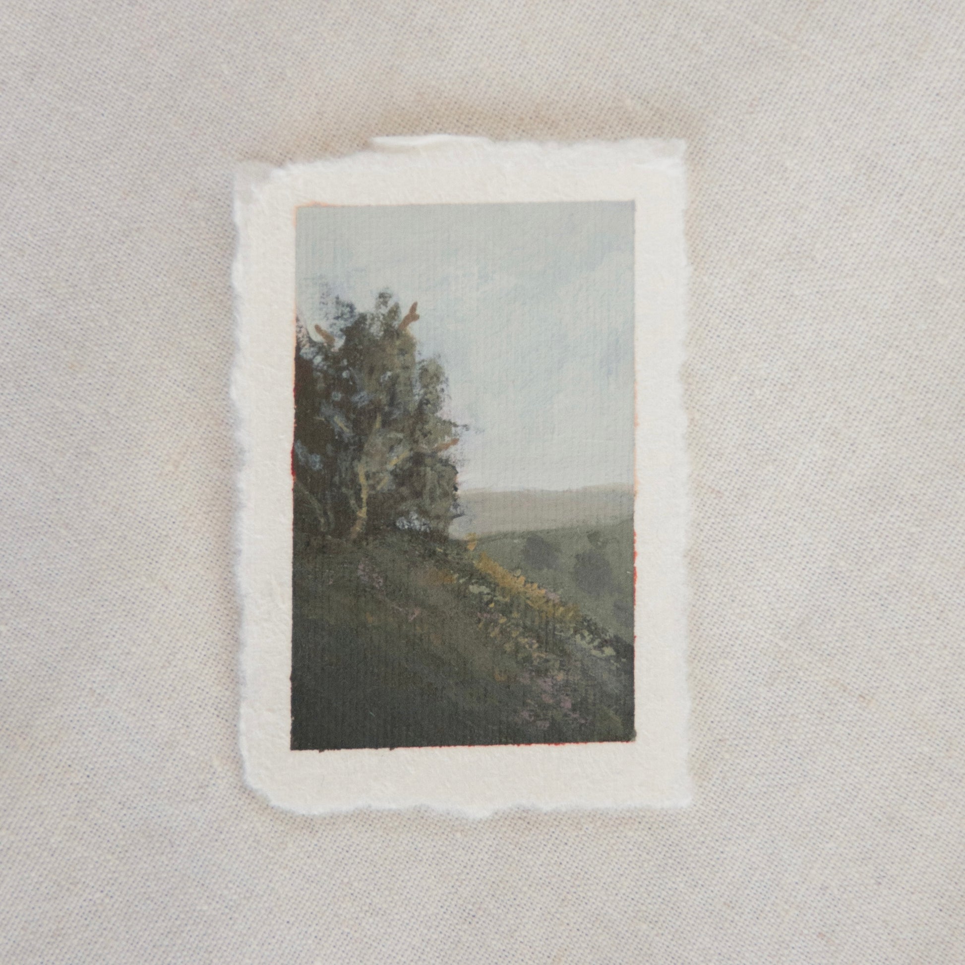 Tree and hillside miniature acrylic painting on deckled edge 100% cotton rag paper from Pinnacles National Park by Laura Van Moorleghem