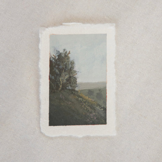 Tree and hillside miniature acrylic painting on deckled edge 100% cotton rag paper from Pinnacles National Park by Laura Van Moorleghem