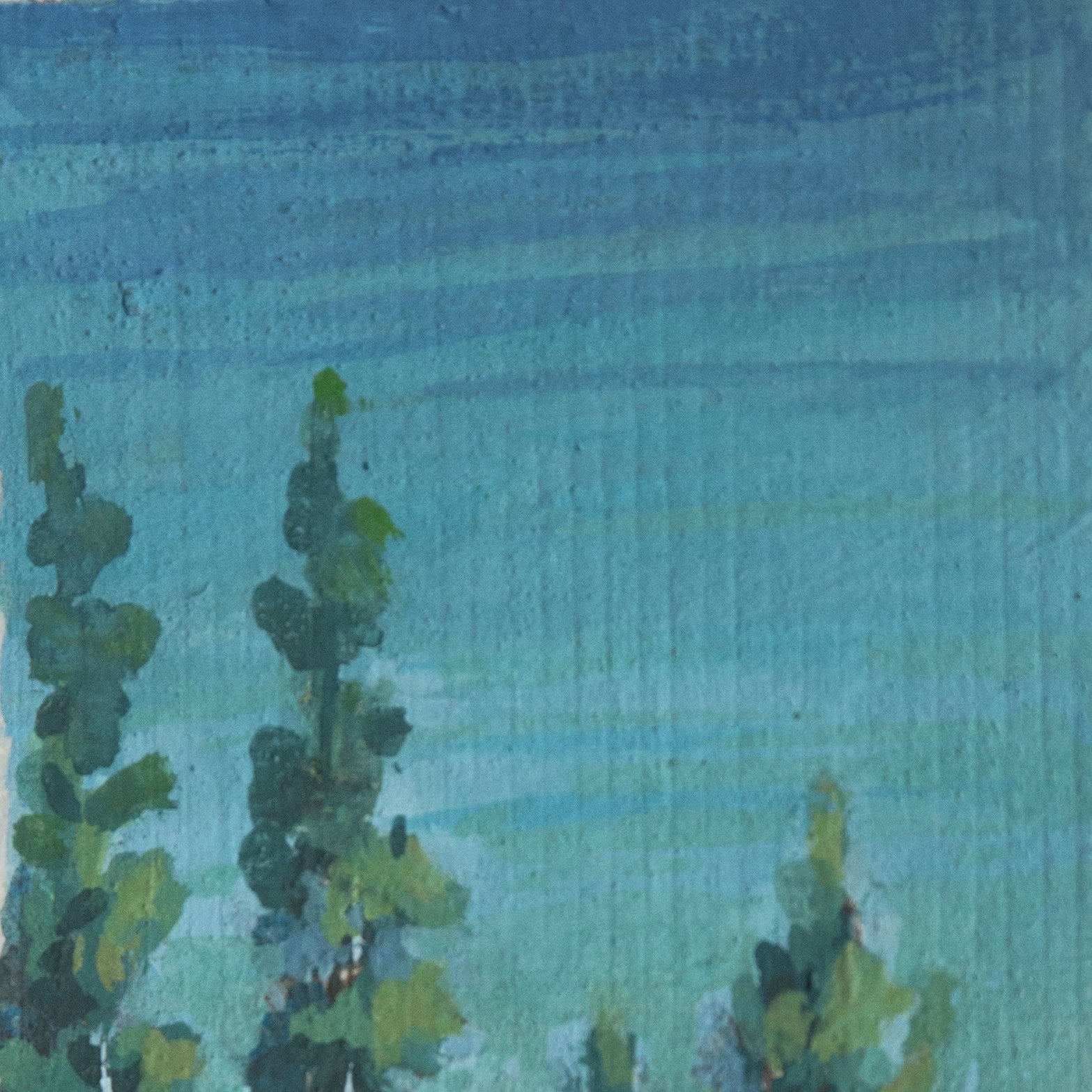Close-up detail of plein air pine brushstrokes and vibrant blue and green  textures in Crater Lake National Park art