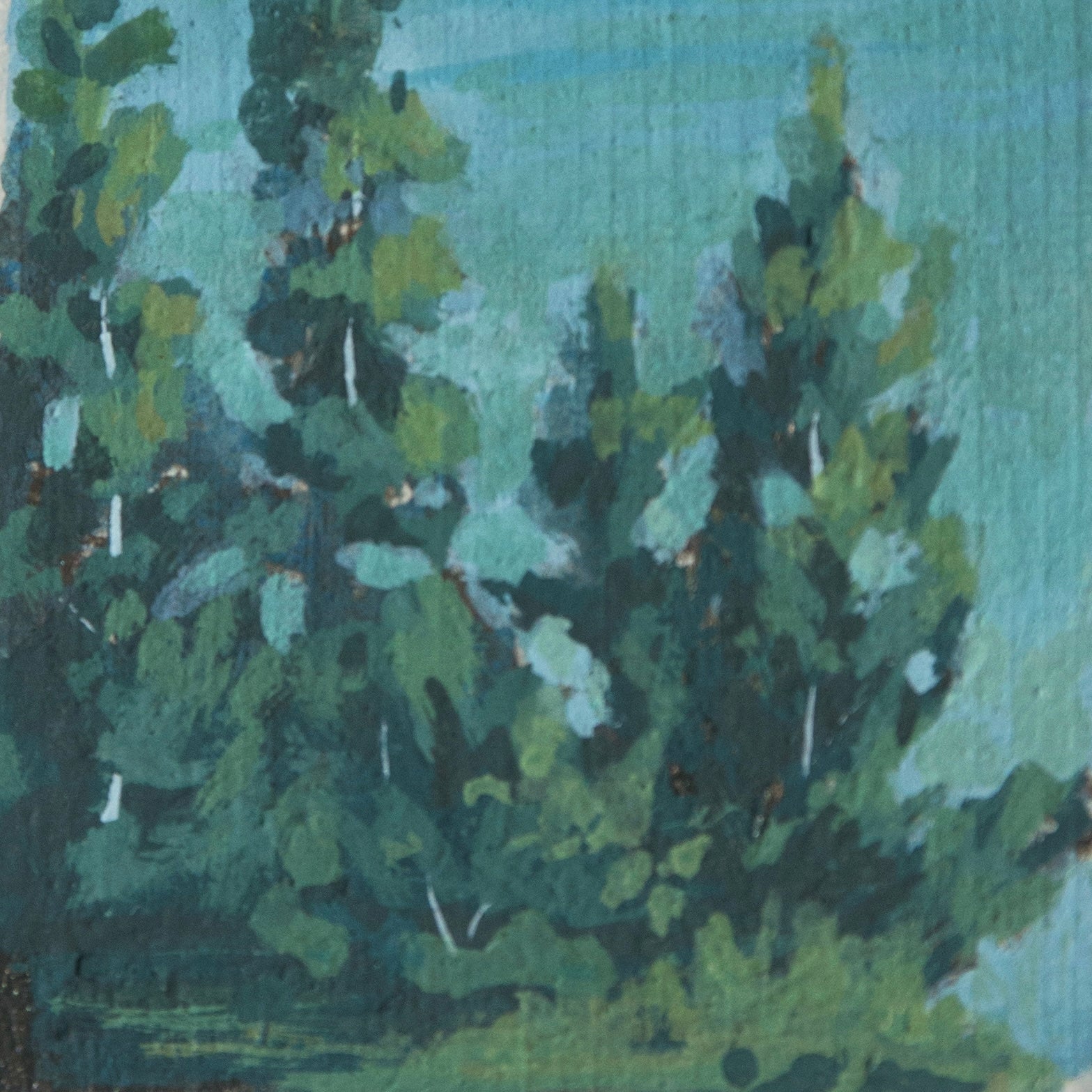 Artistic depiction of trees with a focus on green and blue tones of Crater lake National park 