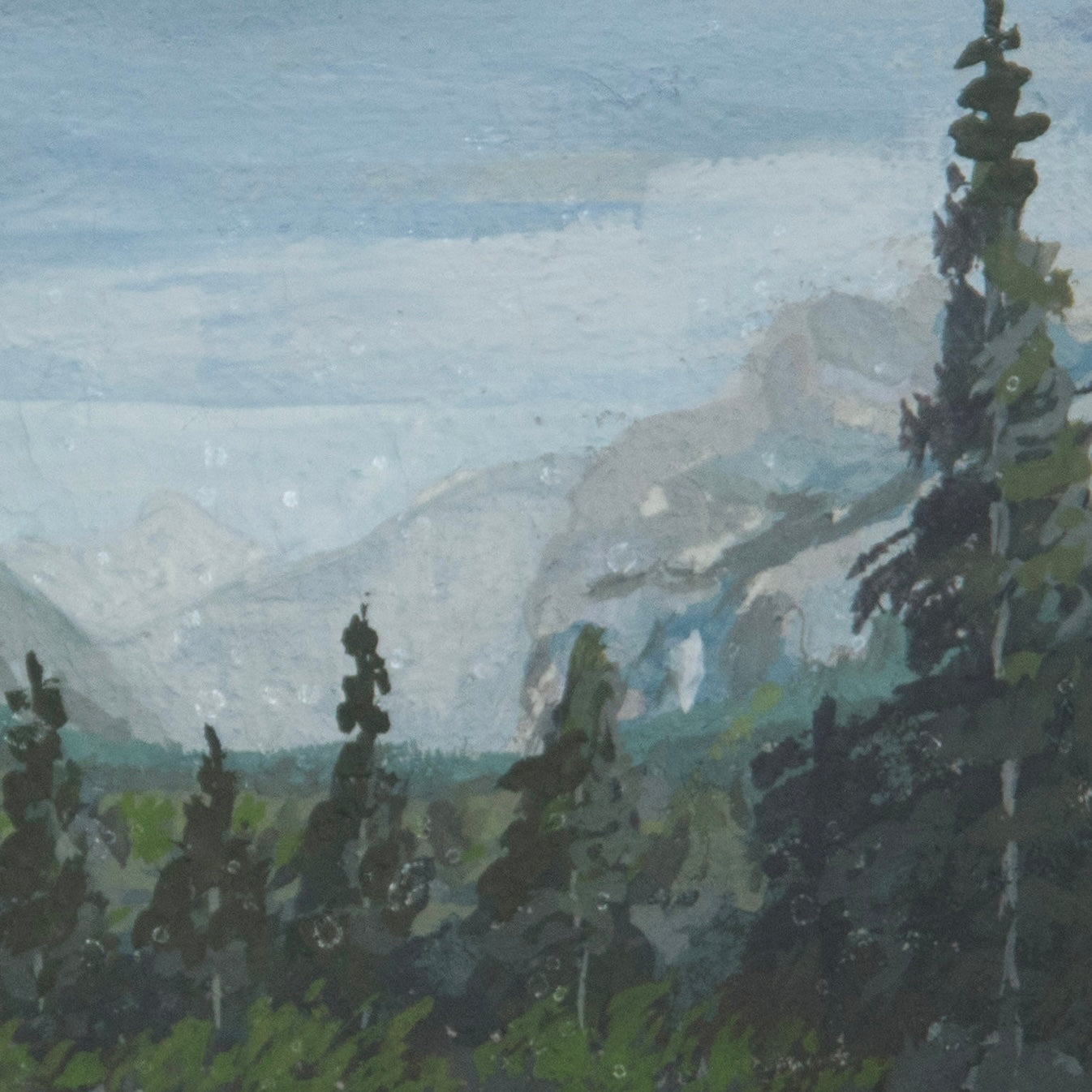 Close-up detail of plein air brushstrokes and pine textures in Yosemite Tunnel View art