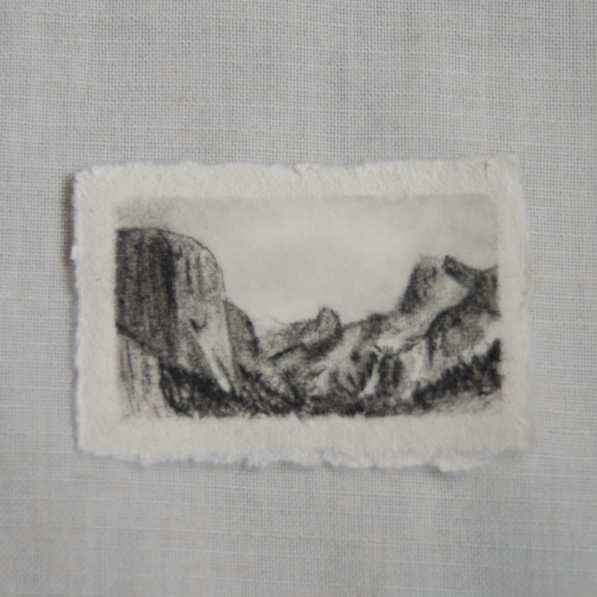 A charcoal sketch of Tunnel View in Yosemite National Park on deckled edge paper by Laura Van Moorleghem for 'for the land' collection.