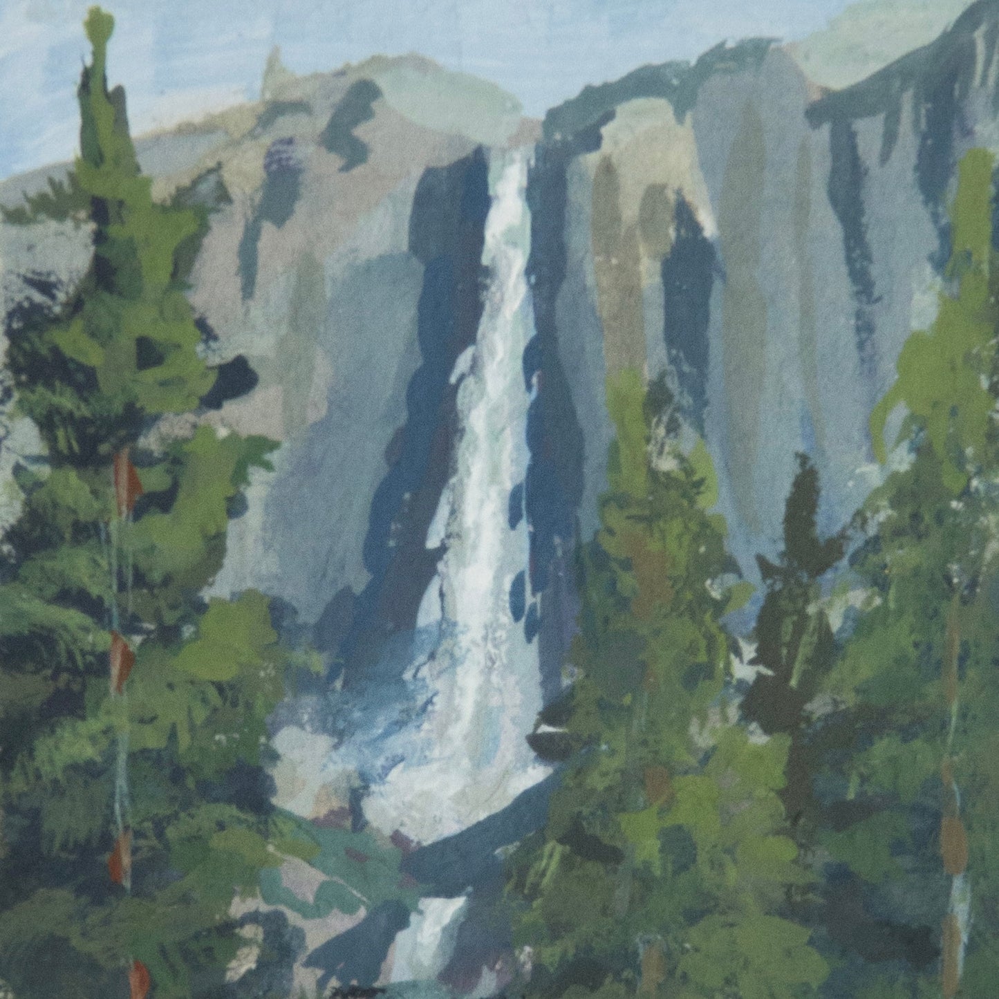 close-up detail of plein air brushstrokes and waterfall textures in Upper and Lower Yosemite Falls Yosemite art