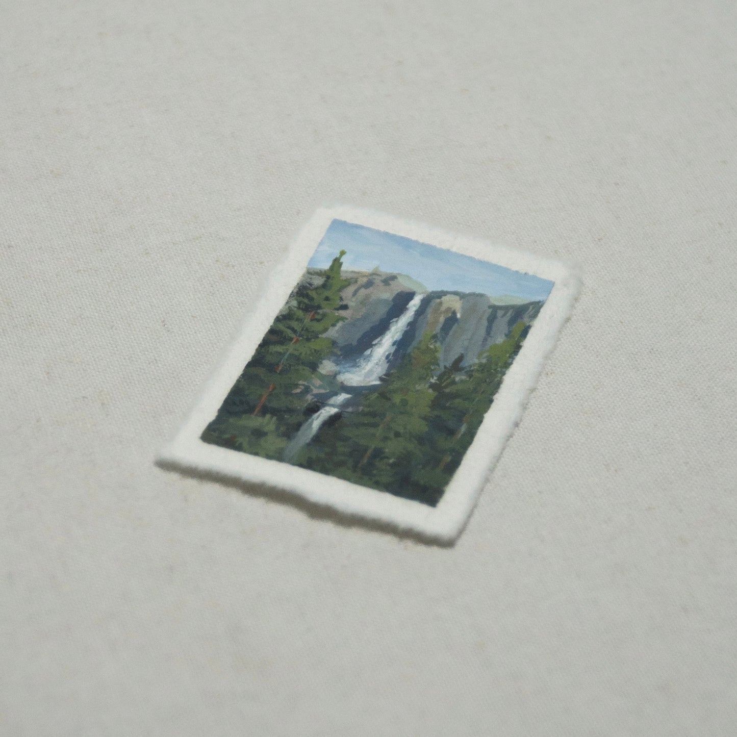 Side profile of Upper and Lower Yosemite Falls Yosemite painting on deckled edge 100% cotton rag paper