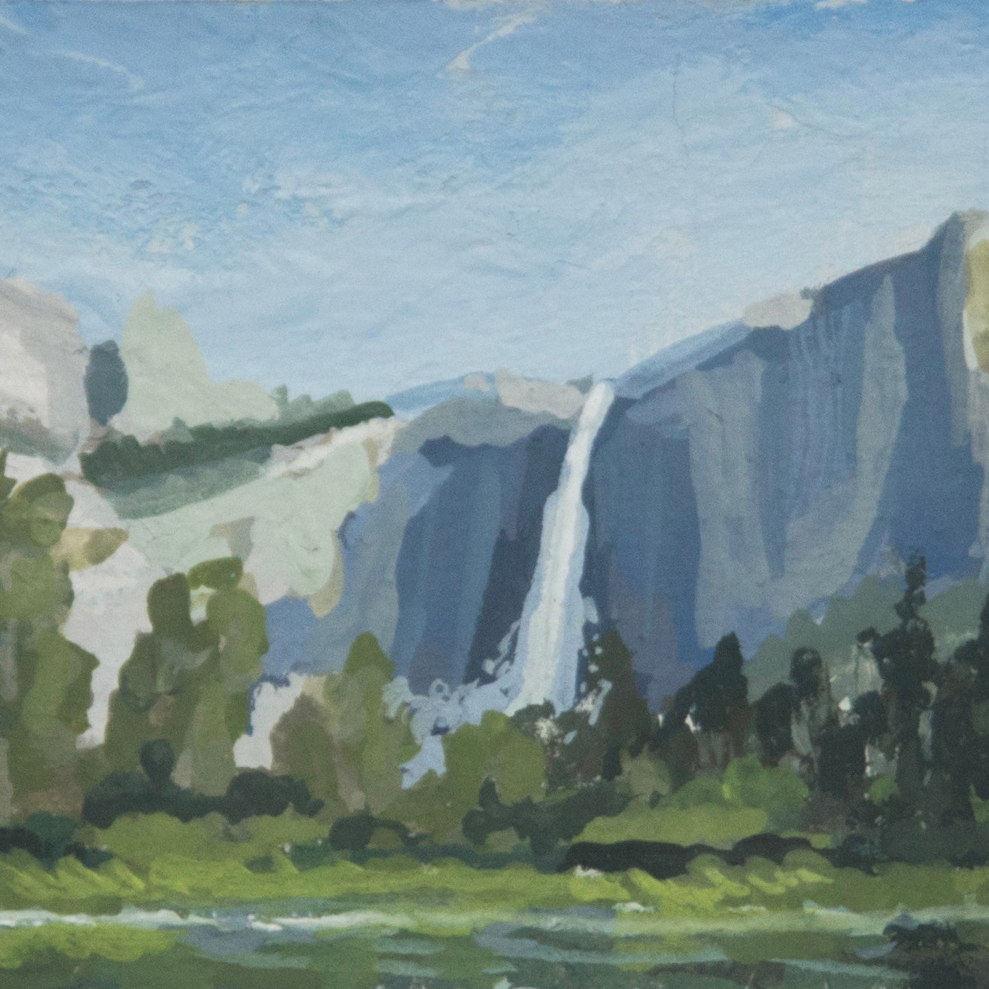 Close-up detail of plein air brushstrokes and rocky textures of Upper Yosemite Falls Yosemite art