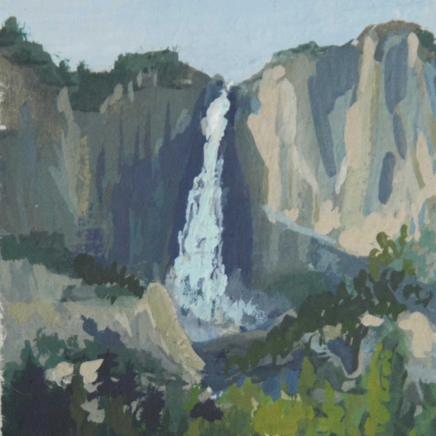 Close-up detail of plein air brushstrokes and waterfall textures in  Upper Yosemite Falls Yosemite art