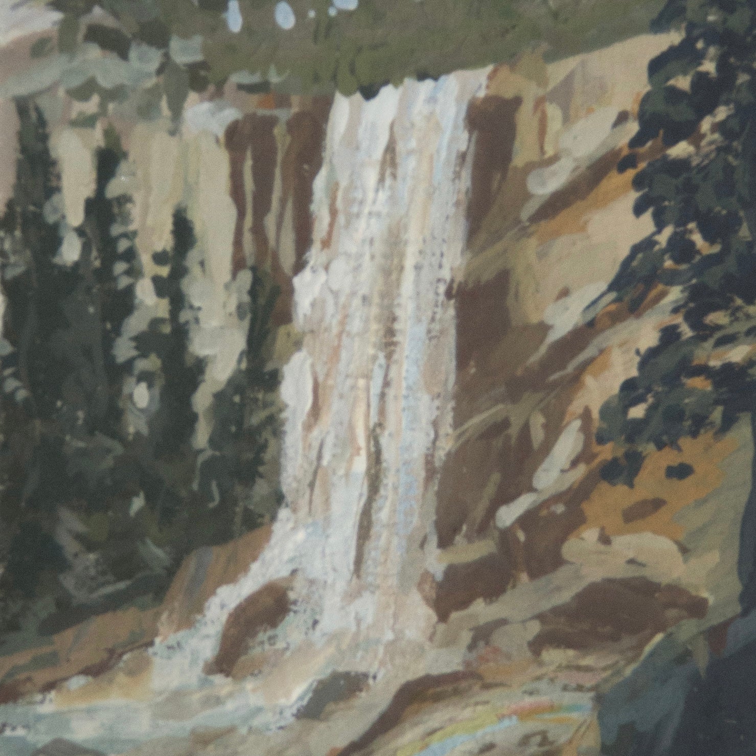 Close-up detail of plein air paint strokes and water textures in Vernal Falls Yosemite art