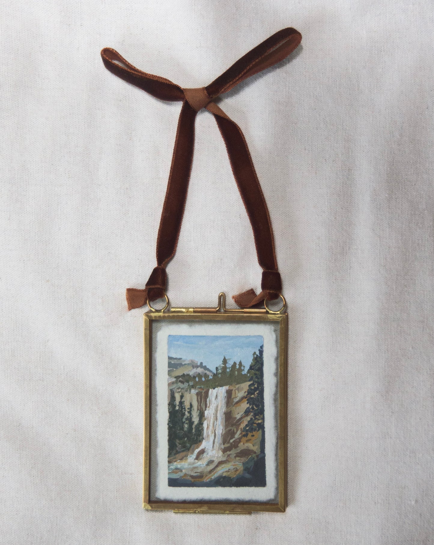 Framed Vernal Falls miniature painting from 'The Journey' National Park collection in Yosemite National Park with brown ribbon