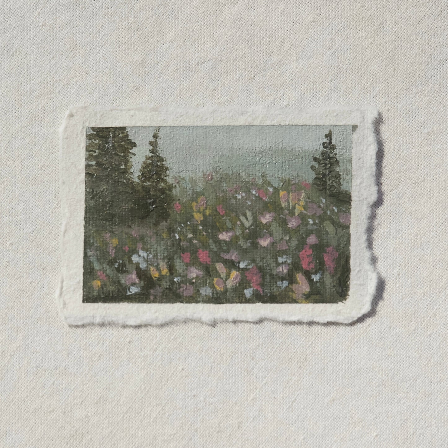 wildflower field in mount rainier miniature acrylic painting from Mount Rainier National Park by Laura Van Moorleghem