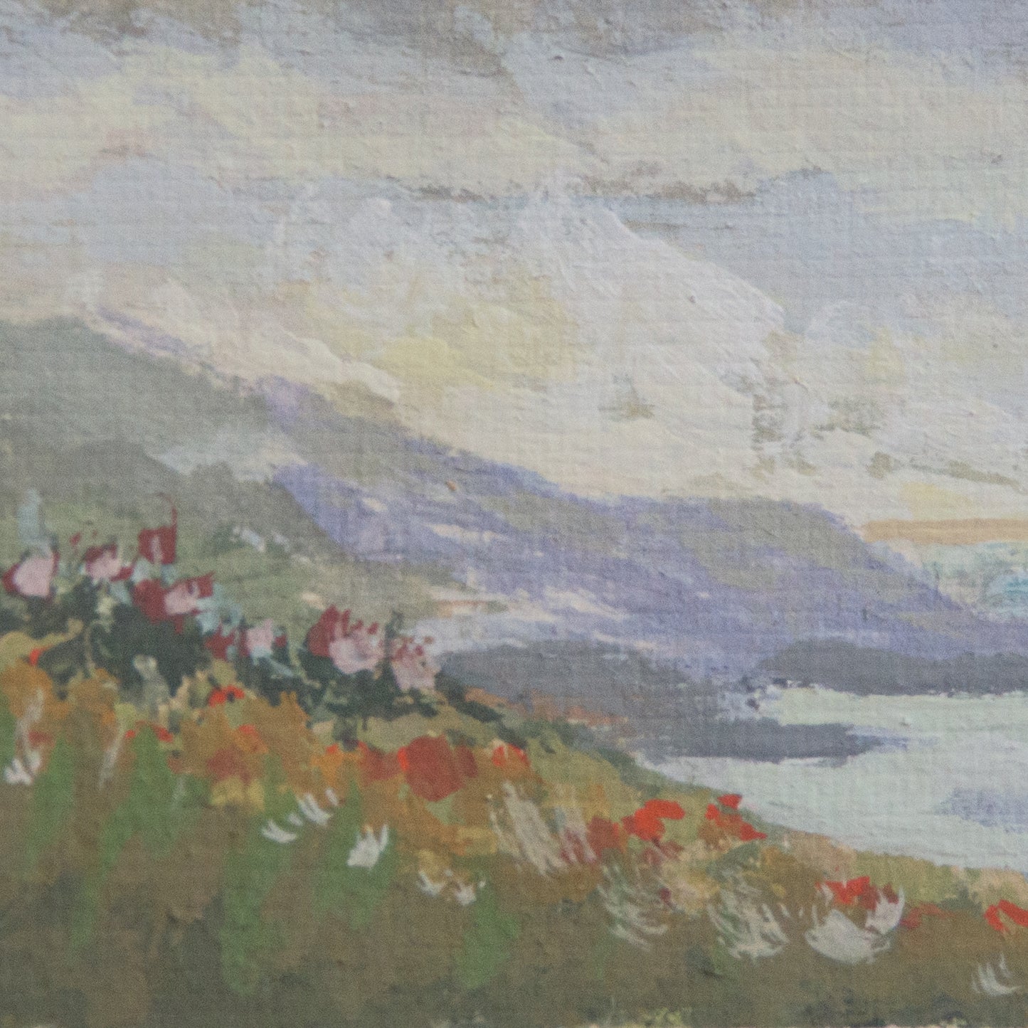Close-up detail of plein air brushstrokes and bright red wildflower textures in Channel Islands National Park art