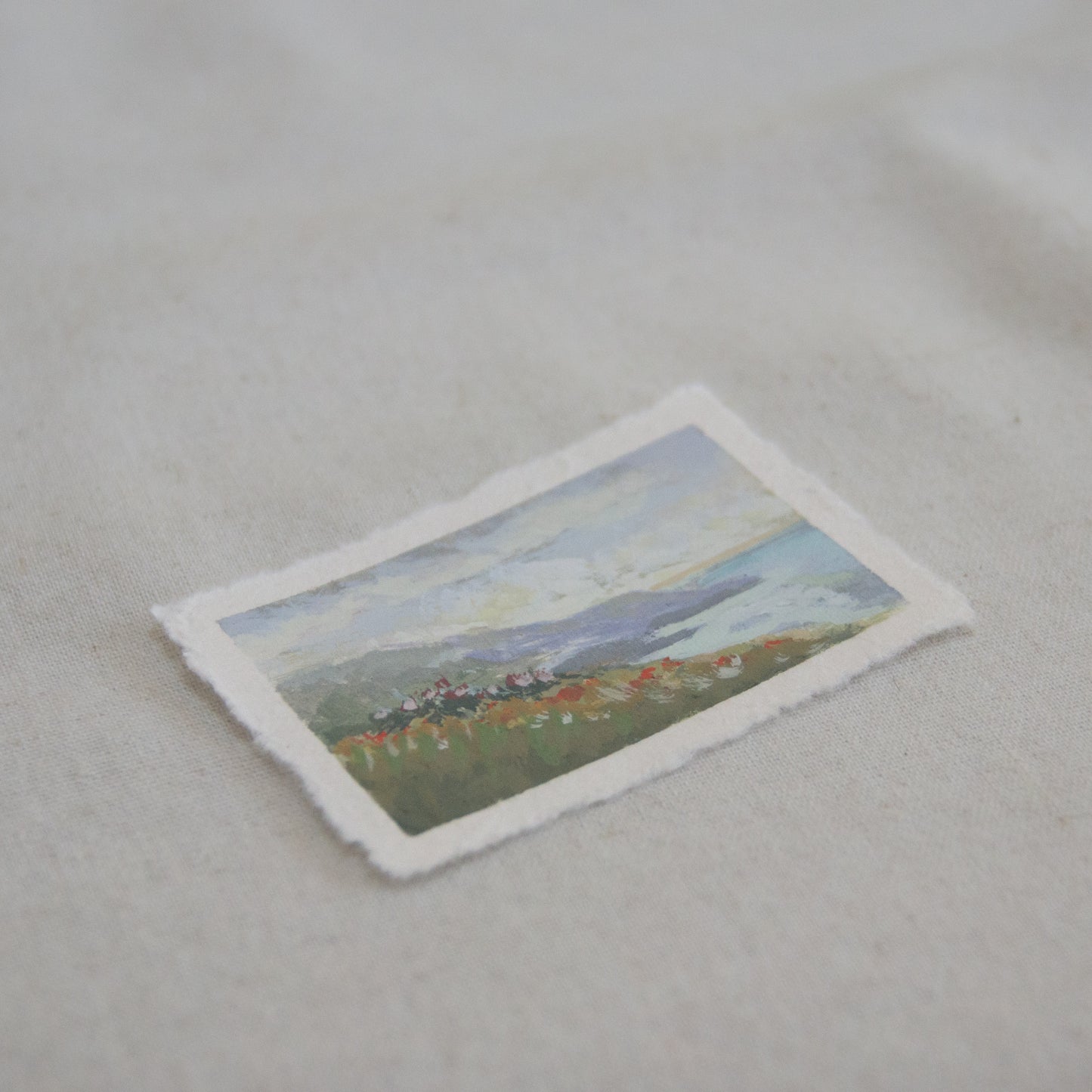 Side profile of mountains and wildflowers in Channel Islands National Park  mini painting on deckled edge 100% cotton rag paper