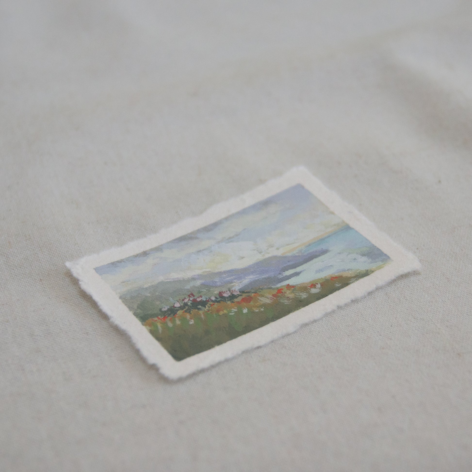Side profile of mountains and wildflowers in Channel Islands National Park  mini painting on deckled edge 100% cotton rag paper