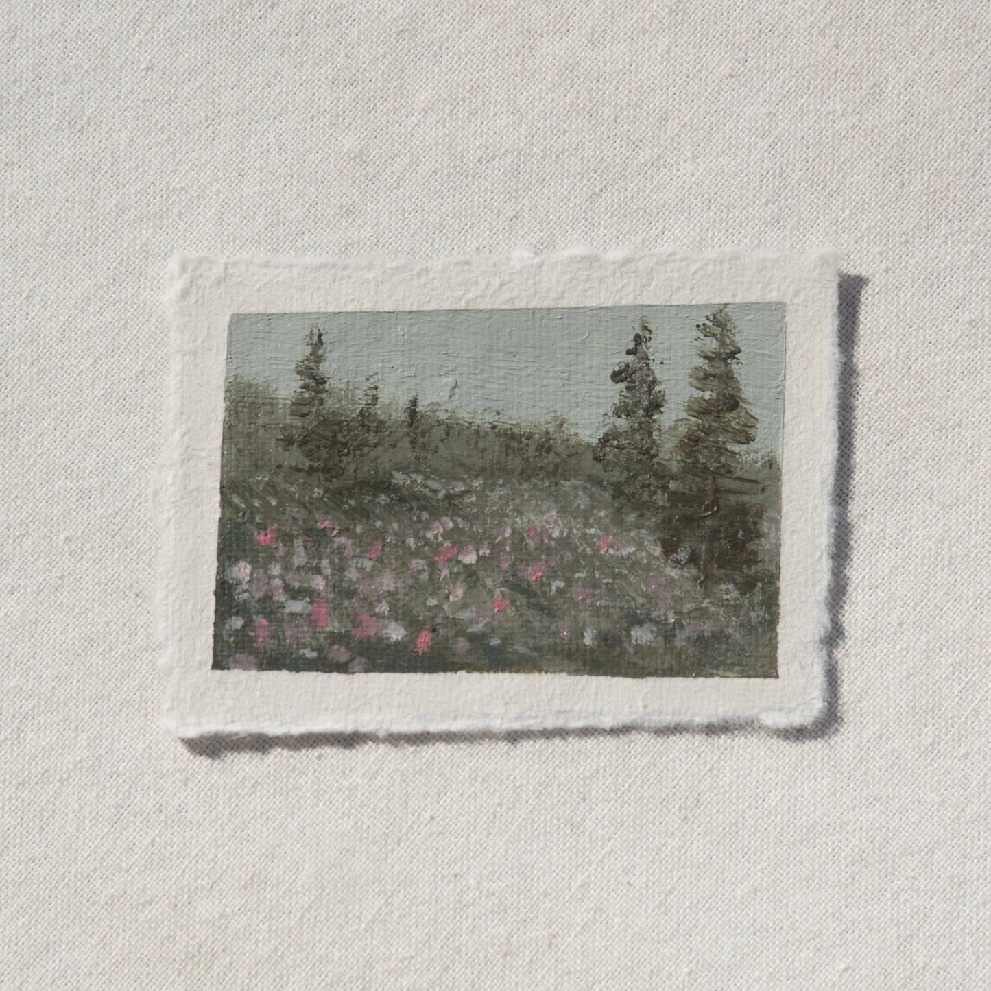 Hillside filled with colorful wildflowers miniature gouache painting from Mount Rainier National Park by Laura Van Moorleghem