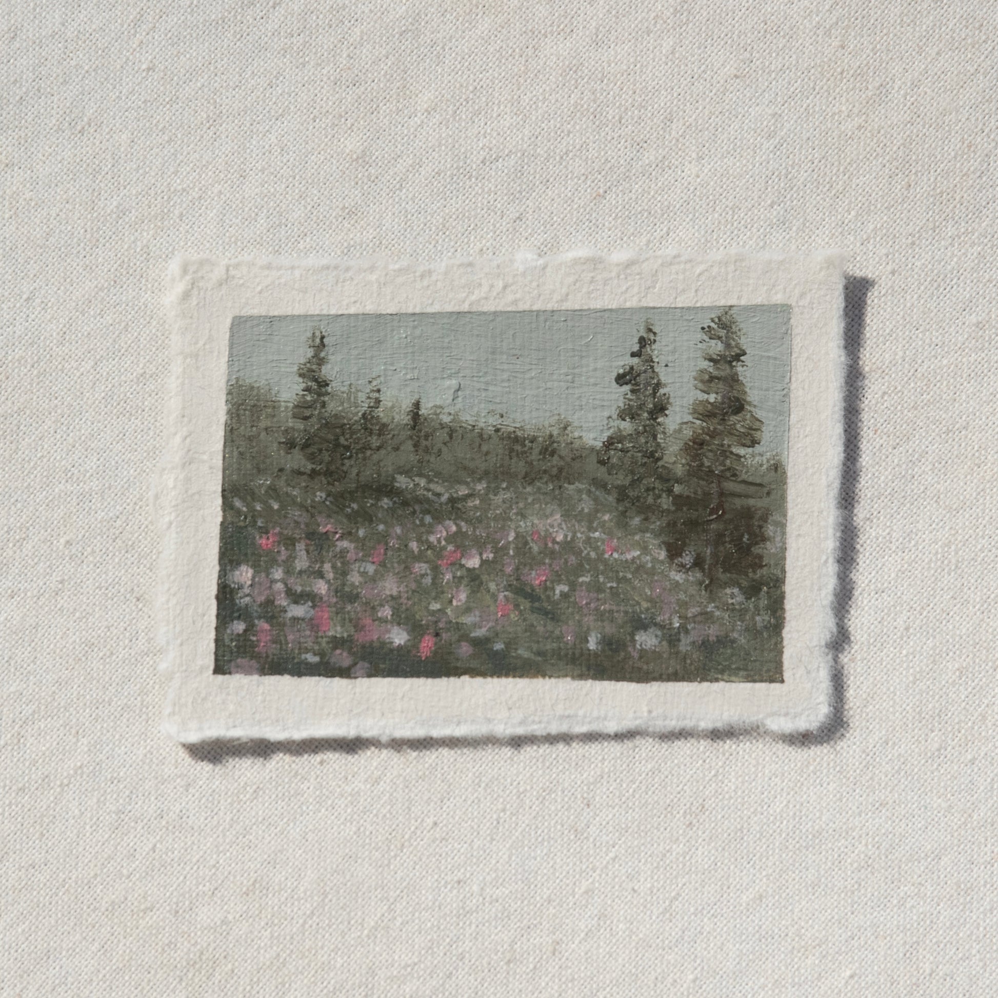 Hillside filled with colorful wildflowers miniature gouache painting from Mount Rainier National Park by Laura Van Moorleghem