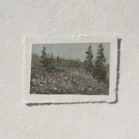Hillside filled with colorful wildflowers miniature gouache painting from Mount Rainier National Park by Laura Van Moorleghem
