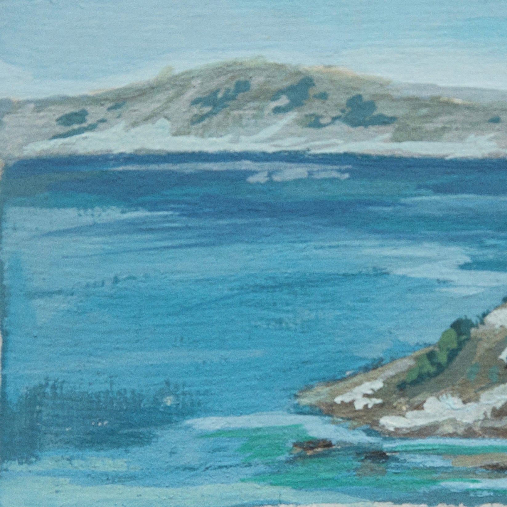 Close-up detail of plein air brushstrokes and bright blue textures in Crater Lake National Park art