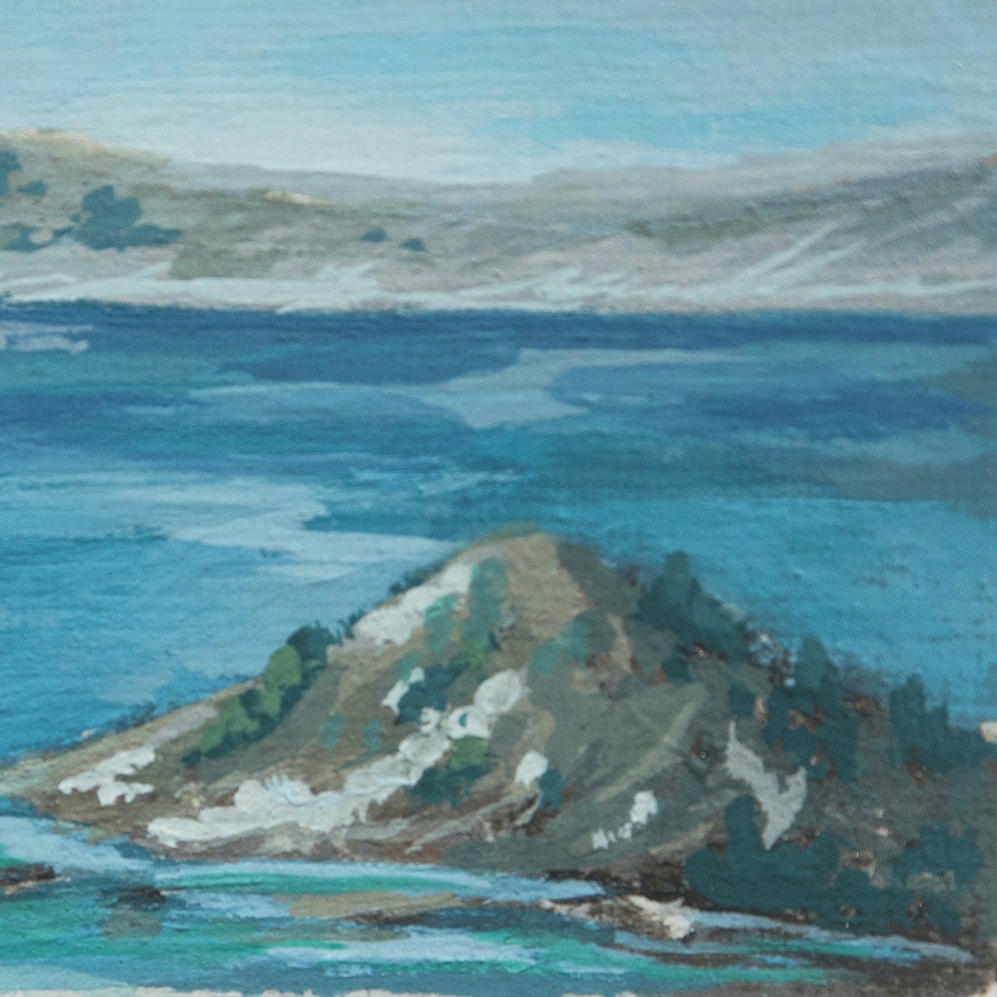 Close-up detail of plein air brushstrokes and jagged rocks and vibrant blue textures in Crater Lake National Park art