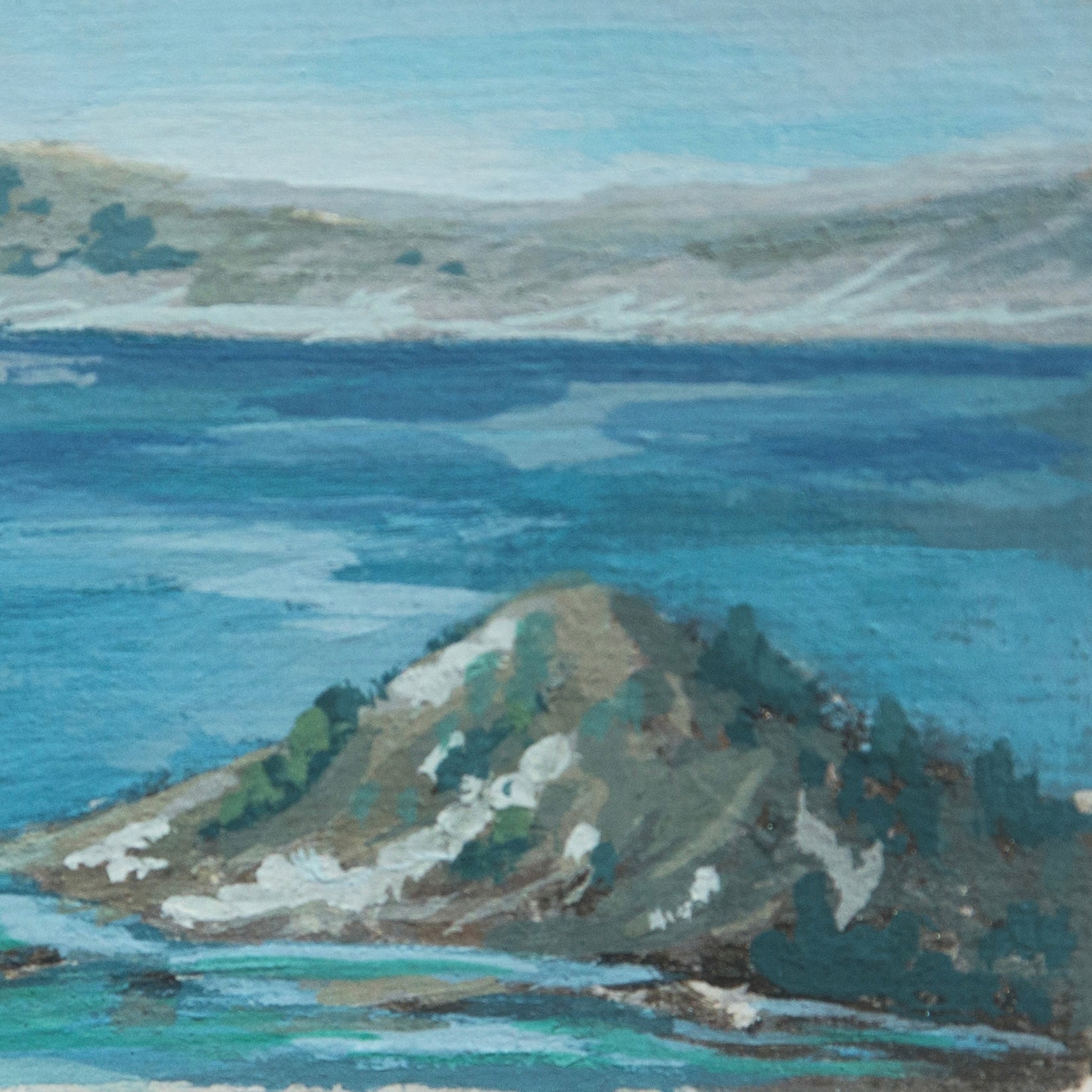 Close-up detail of plein air brushstrokes and jagged rocks and vibrant blue textures in Crater Lake National Park art