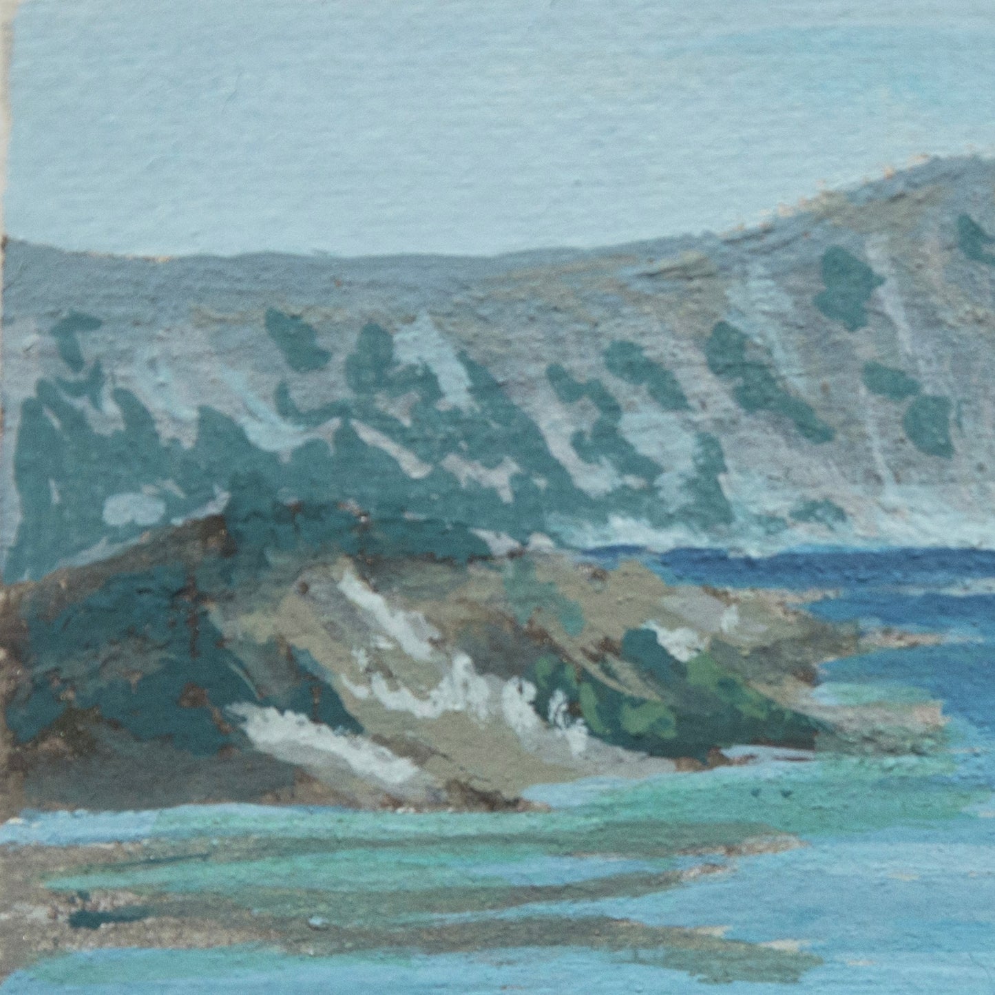 close up detail of gouache painting of a Crater lake's wizard island landscape with cliffs