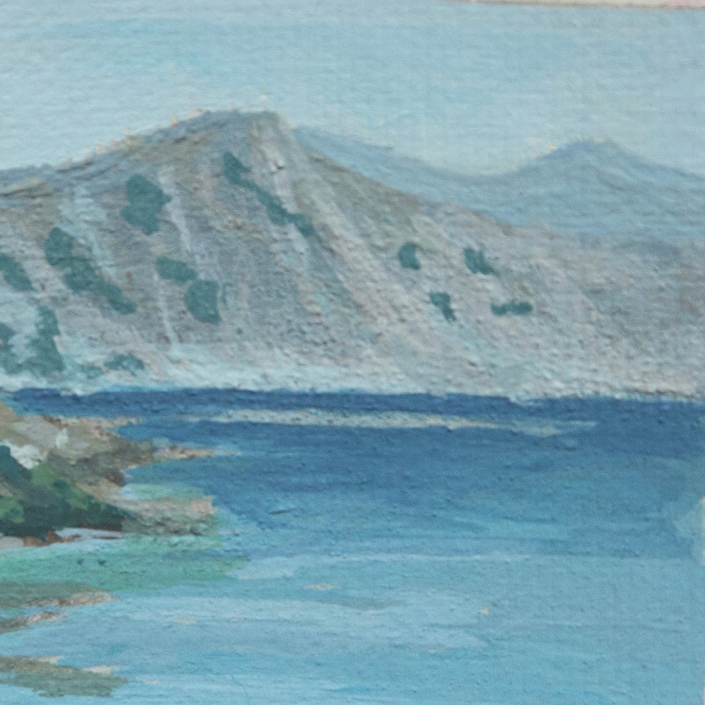 Close-up detail of plein air brushstrokes and bright blue textures in Crater Lake National Park art